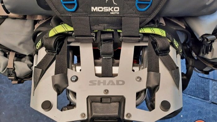 The Mosko Moto Reckless 80L v3.0 Revolver luggage strapped to a Shad cargo rack on a BMW F850GS Adventure motorcycle.