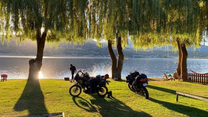 Motorcycle camping beside Swan Lake in Vernon, British Columbia, Canada.