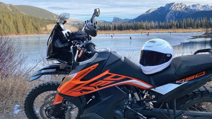 The Shoei RF-1400 parked by a frozen pond near Canmore, Alberta.