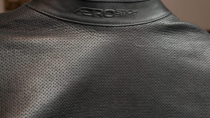 Rear closeup view of leather perforations on the Transit 3.0 suit
