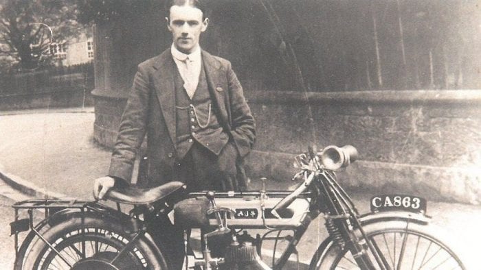 Billy Jones with his 350cc AJS, ridden in the Junior TT of 1914