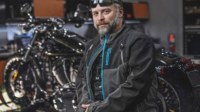 Jim wearing the Mosko Moto Basilisk jacket at a Harley Davidson dealership.