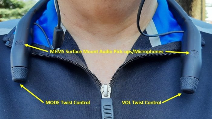 Closeup of control knobs and audio pickups on Motikom MPlus