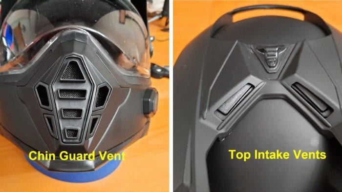 Chin guard vent and top intake vents on Viaggo Parlare helmet