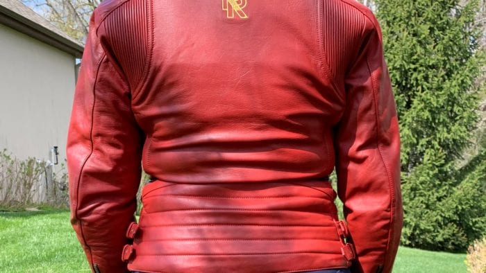 Rear view of rider wearing Phoenix jacket