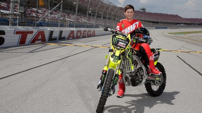 Stuntman Alex Harvill on his bike at a track