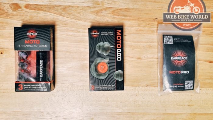 Three levels of EarPeace MOTO ear plugs in their original packaging.