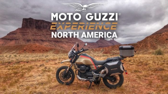 the poster advertising Moto Guzzi Experience coming to the colonies of America!