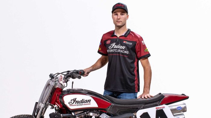 A view of Indian Motorcycle Racing SuperTwins Champion and Wrecking Crew member, Briar Bauman, with a motorcycle
