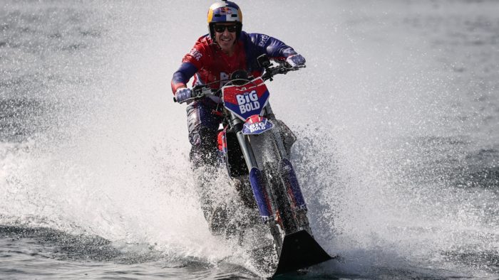 A view of Robbie Maddison riding the Strait of Istanbul on his custom water bike