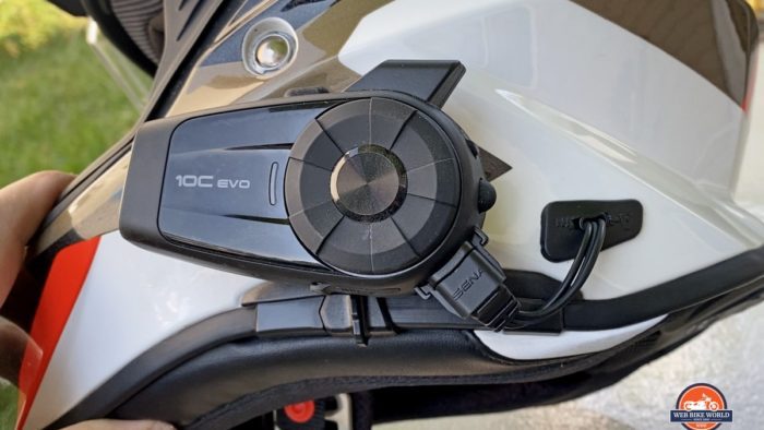 A Sena 10C Evo installed in a BMW GS Pure helmet.