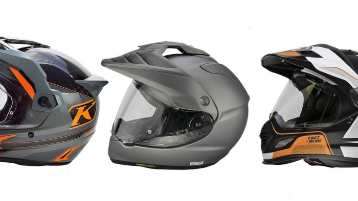 The Klim Krios Pro, Shoei Hornet X2, and Arai XD-4 helmets.
