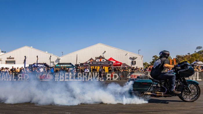 a view of a rider showing off his V-Twin on a series of stunts at the 2021 Bell Brawl series