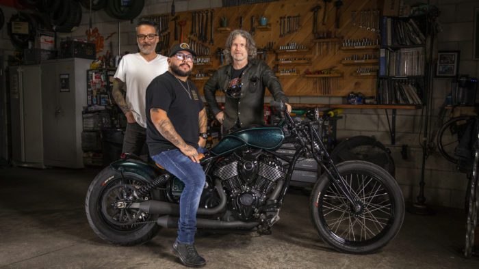 Custom Giants Indian Larry, Paul Cox and Keino Sasaki on their custom Indian Motorcycle