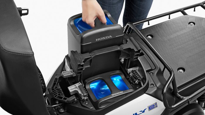 A view of the Honda swappable batteries that will be used in the new SMBC swappable battery system