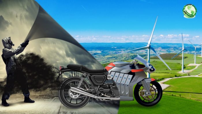 A side view of a motorcycle and rider riding into a cleaner future