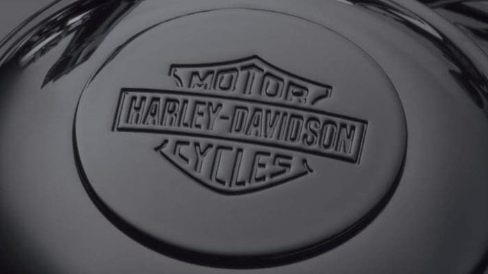 A view of the Harley Davidson emblem on smoked steel