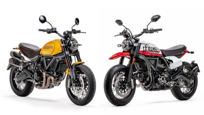 A side view of the Scramblers released in episode 2 of the Ducati World Premiere: The Scrambler 1100 Tribue PRO, and the Urban Motard