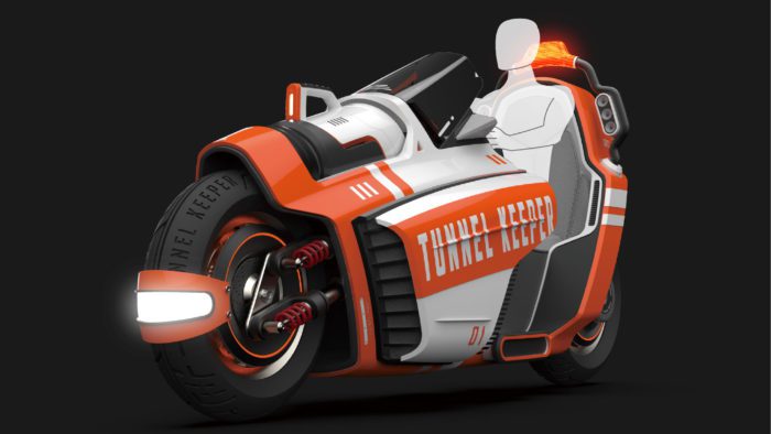 A side view of the Tunnel Keeper - a two-wheeled firefighting motorcycle designed by Syu Wei Chen