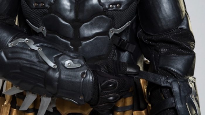 A close-up of the BATMAN™: Arkham Knight Leather Motorcycle Suit from UD Replicas
