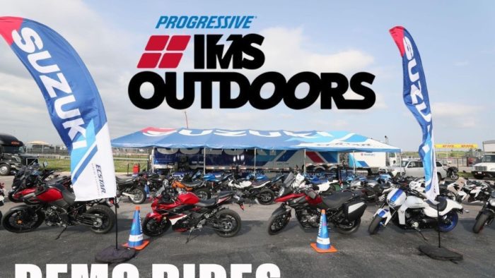 A poster hero fo the Progressive IMS Outdoors tours, including Suzuki demo rides