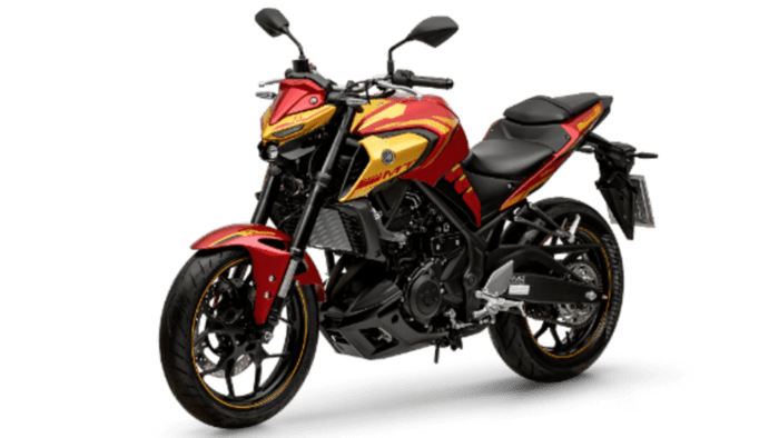 A left quarter view of the new Iron Man-themed MT-03 from Yamaha Brazil