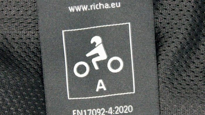 Close-up of label showing CE certification for Richa Airstorm WP Jacket