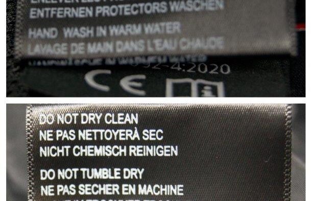 Close-up of care instructions on tag for Richa Softshell WP Pants
