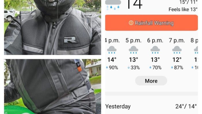 Rider in helmet and Richa Softshell WP Pants next to screenshot from weather app