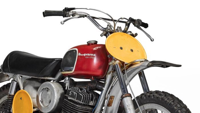 A top side view of the iconic 1971 Husqvarna 400 Cross, used by Steve McQueen in the movie hit, "On Any Sunday"