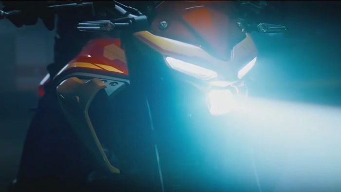 A view of the LED lights on the new Iron Man-themed MT-03 from Yamaha Brazil