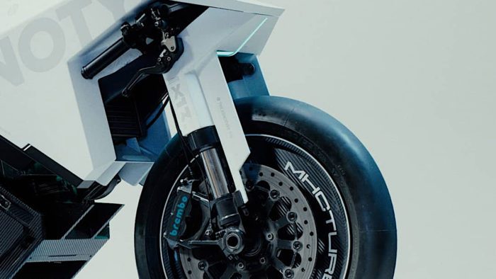 A view of the front/side of the Xenotype - a motorcycle concept born from the studios of Colorsponge and Ash Thorp