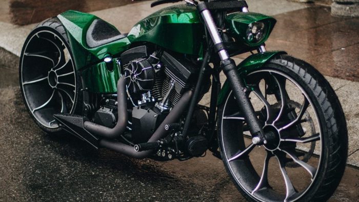 A side view of the Harley-Davidson Vinci custom project from Russian custom shop Box39