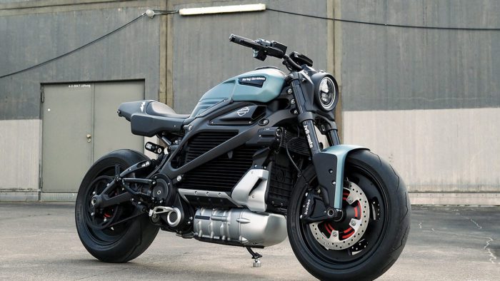 A dynamic side view of Harley Davidson's first custom LiveWire One electric motorcycle, created by JVB-Moto
