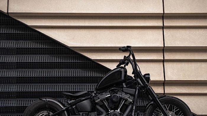 A side view of the blacked out Street Bobber done by D-Star Customs