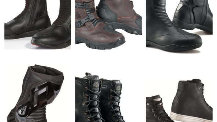 Collage of motorcycle boots on white background