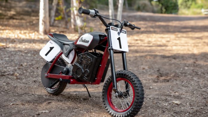 A frontal quarter view of the new sFTR Mini motorcycle from Indian Motorcycles - an electric-youth bike available to the smaller riding community
