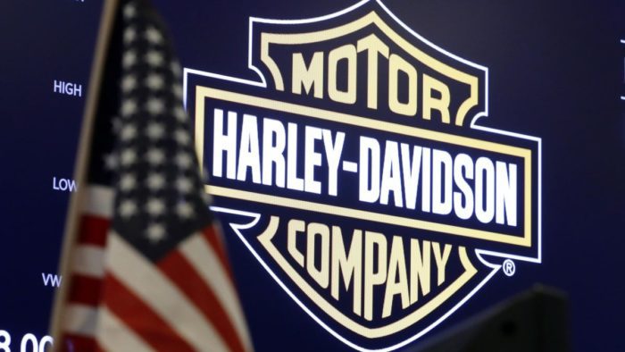 A view of the Harley-davidson logo with an American flag in front of it