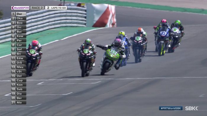 WorldSSP300: A lineup of riders leaning into the twisties