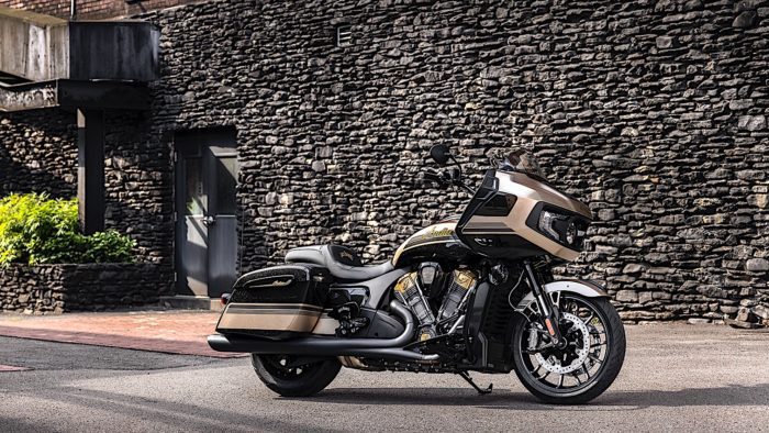 A side view of the Limited Edition Indian Challenger Dark Horse created in partnership with Jack Daniels and the Klock Werk Custom Cycles Shop