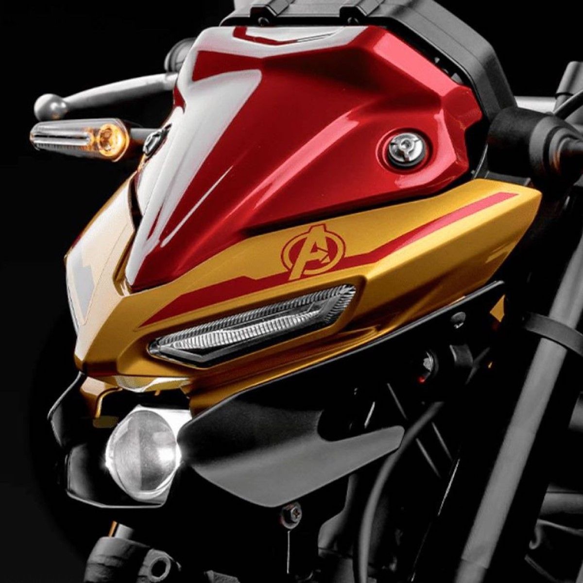 A close up of the head on the new Iron Man-themed MT-03 from Yamaha Brazil