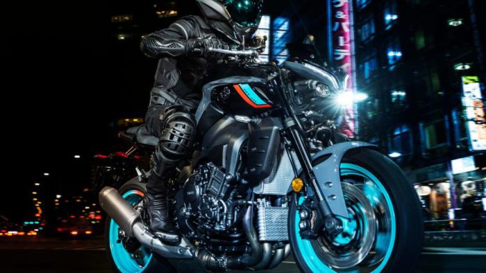 Yamaha's 2022 MT10, with a rider trying the machine out on the road