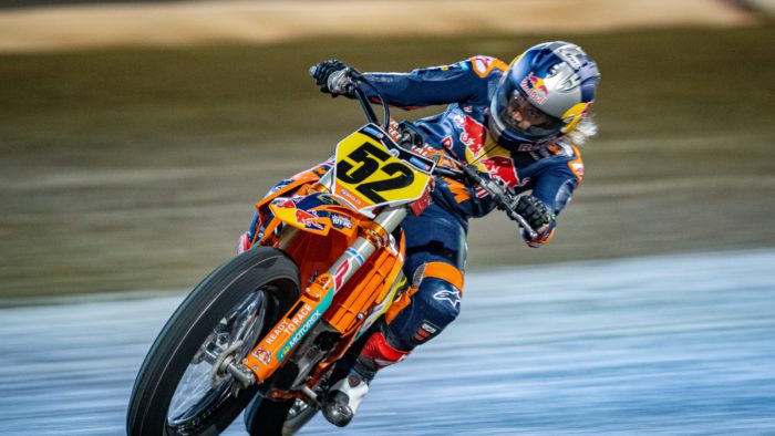 A view of Shayna Texter-Bauman doing her work on the American Flat Track