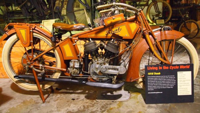 A view of the Traub motorcycle - a machine estimated to be from 1916 and a one-of-a-kind mystery that has yet to be solved to this day