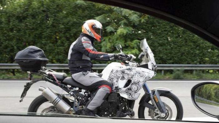 A view of the spy shots taken for what is now confirmed to be a new adventure motorcycle from MV Agusta, set to be unveiled at EICMA