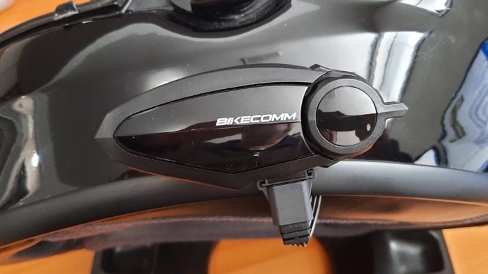 Close up of Bikecomm BK-S2 system on black helmet