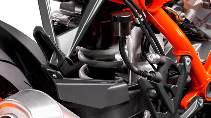 A view of the rear shock on the all-new 2022 KTM Super Duke R EVO