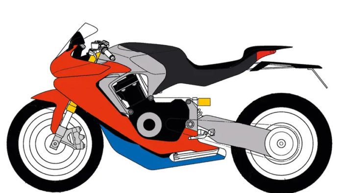 A side view of the design patent from Honda of a single-shelled, monocoque frame