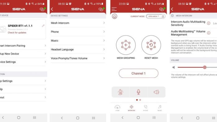 Screenshot of Sena Ride Connected App with menus visible
