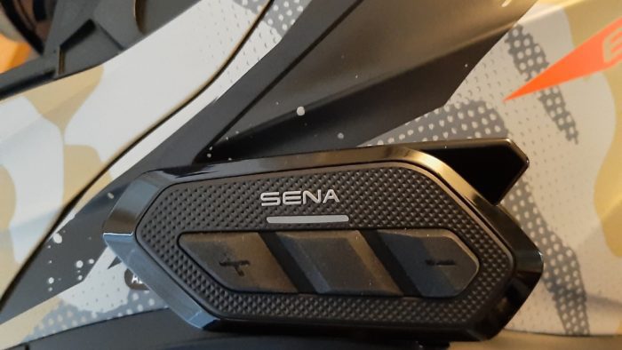 Close-up of Sena SPIDER Mesh System installed in helmet